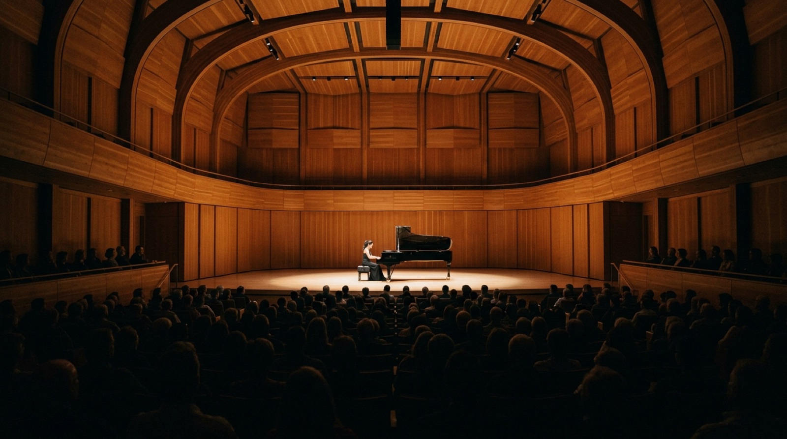 Solo musical performance in a grand, modern wood-paneled concert hall, Sonoma County