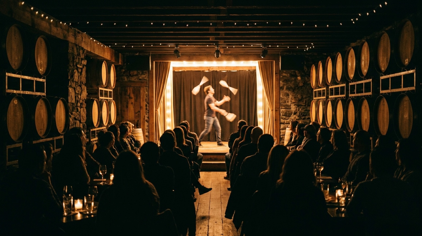 Comedian and performer on stage in an intimate downstairs club, Napa Valley
