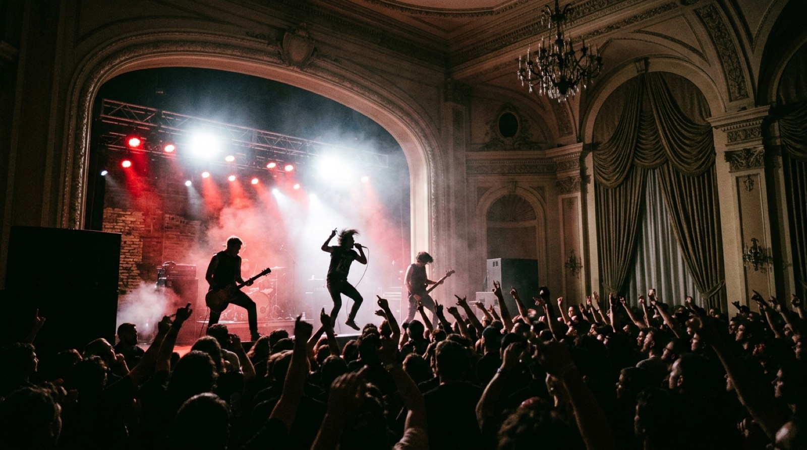 Energetic punk concert with backlit stage lights in a ballroom, Napa Valley