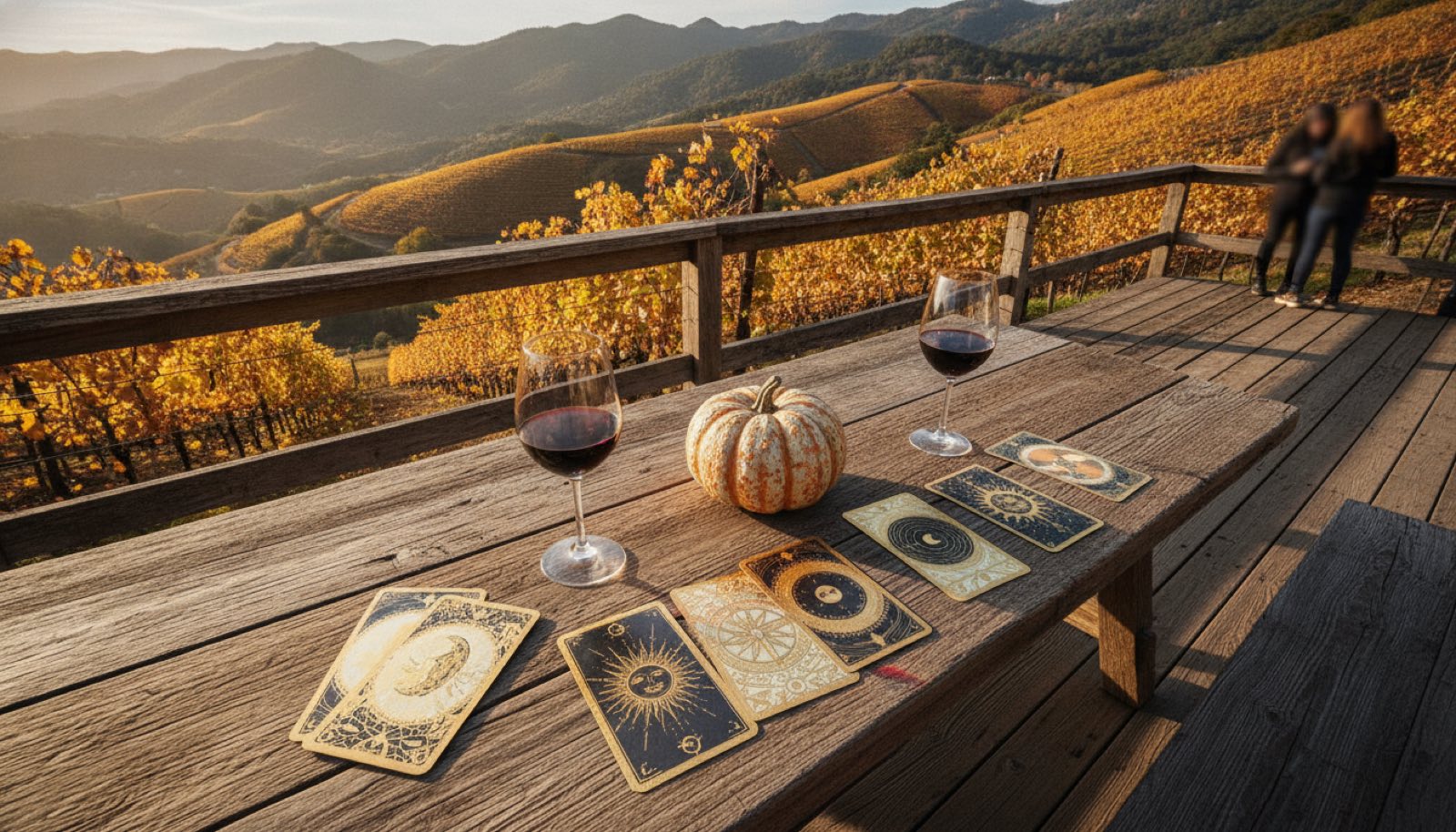 Autumn wine tasting with tarot cards on a mountain terrace, Napa Valley