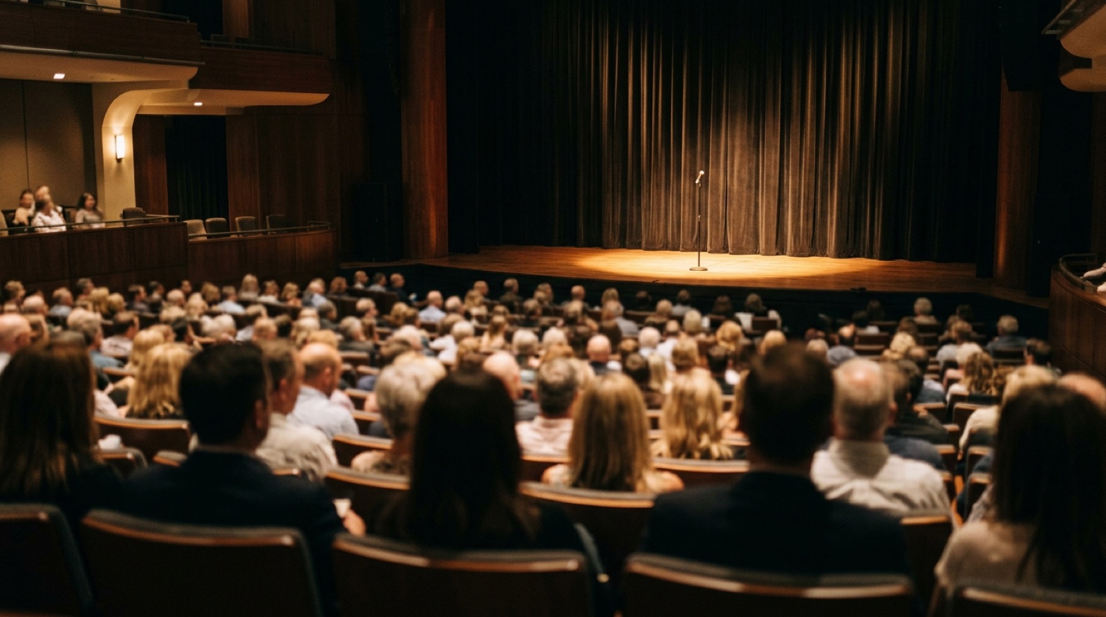 Stand-up comedy stage illuminated by a spotlight in a performing arts center, Sonoma County