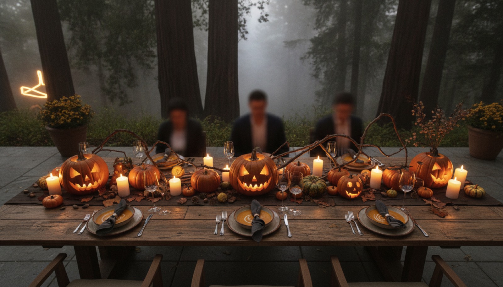 Candlelit Halloween harvest dinner table beneath dark redwoods, Sonoma County
