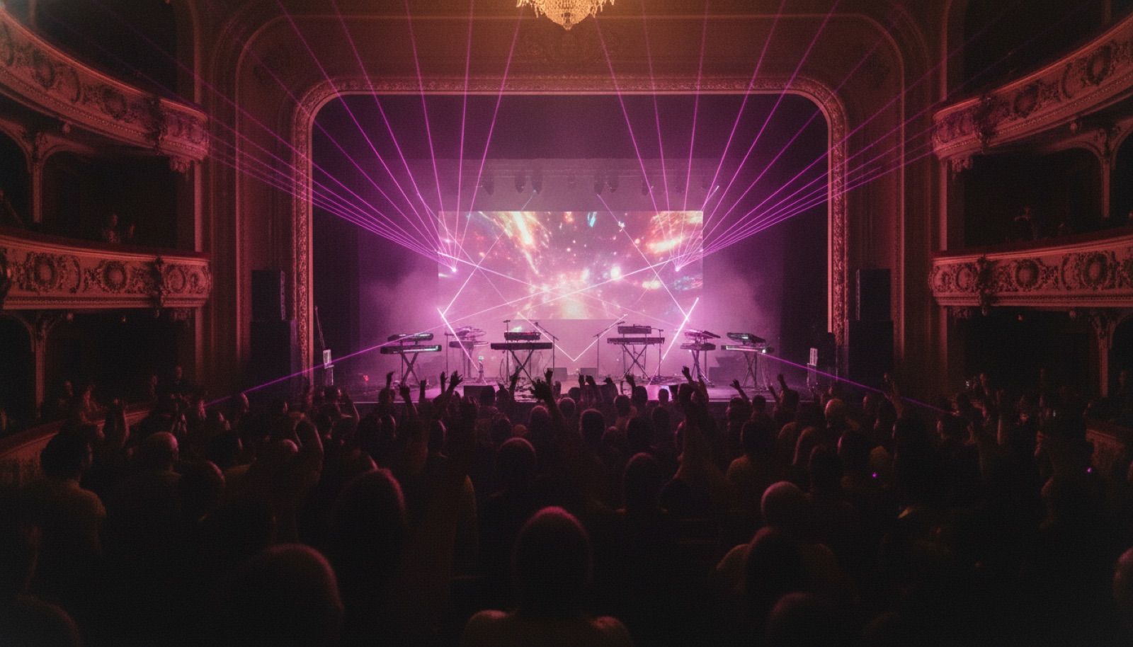 Neon laser lights washing over synthesizers in a vintage theater, Napa Valley