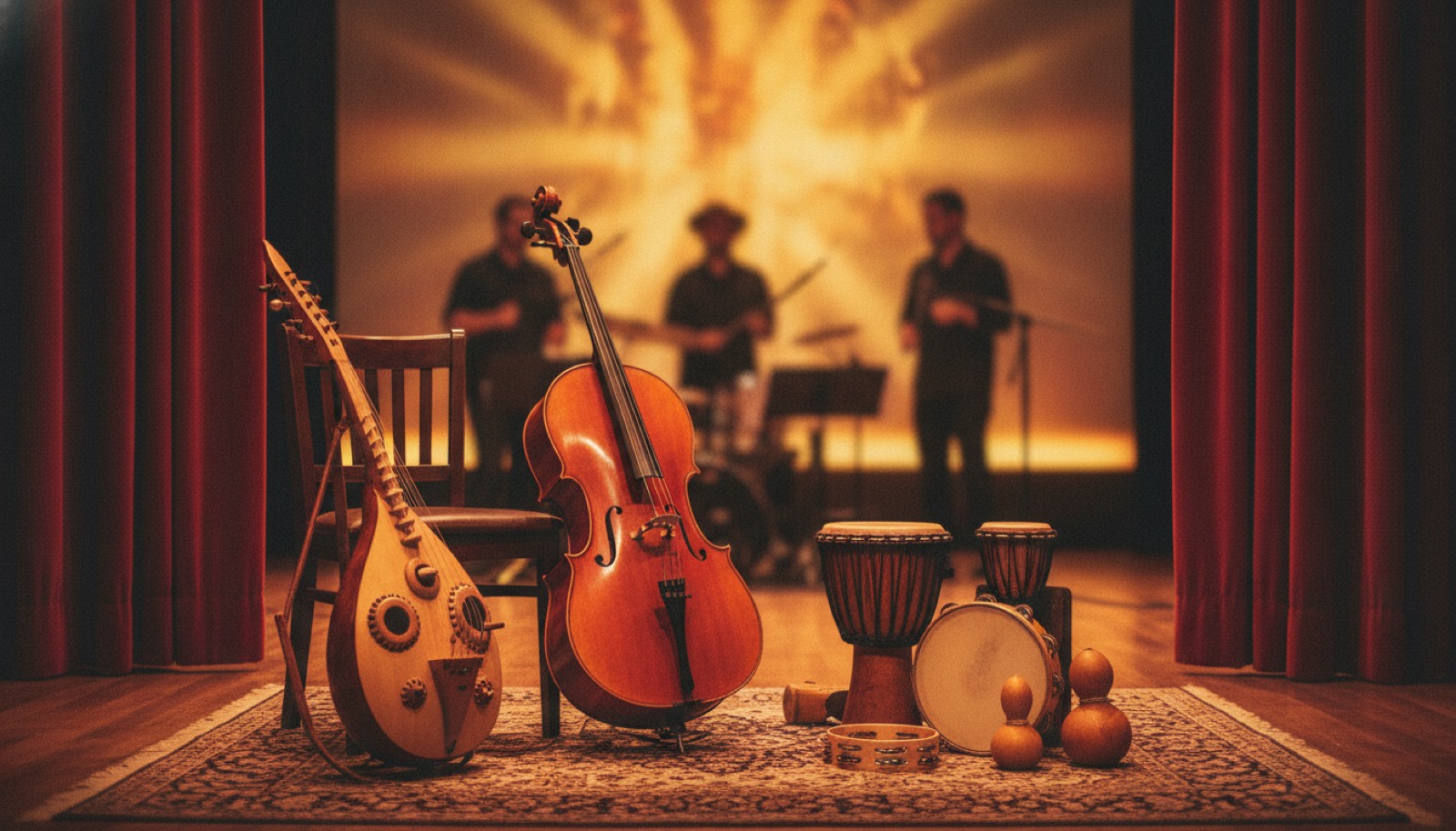 Acoustic world music instruments illuminated on a theater stage, Sonoma County