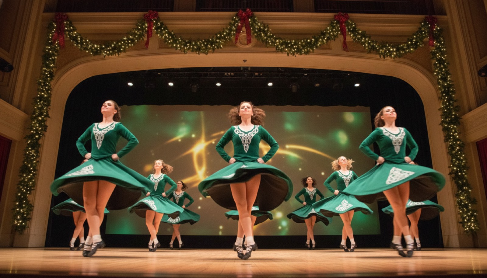 Celtic dancers performing on a festive holiday concert stage, Sonoma County