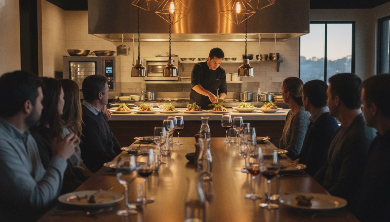 Chef preparing seasonal dishes during a winemaker dinner, Napa Valley