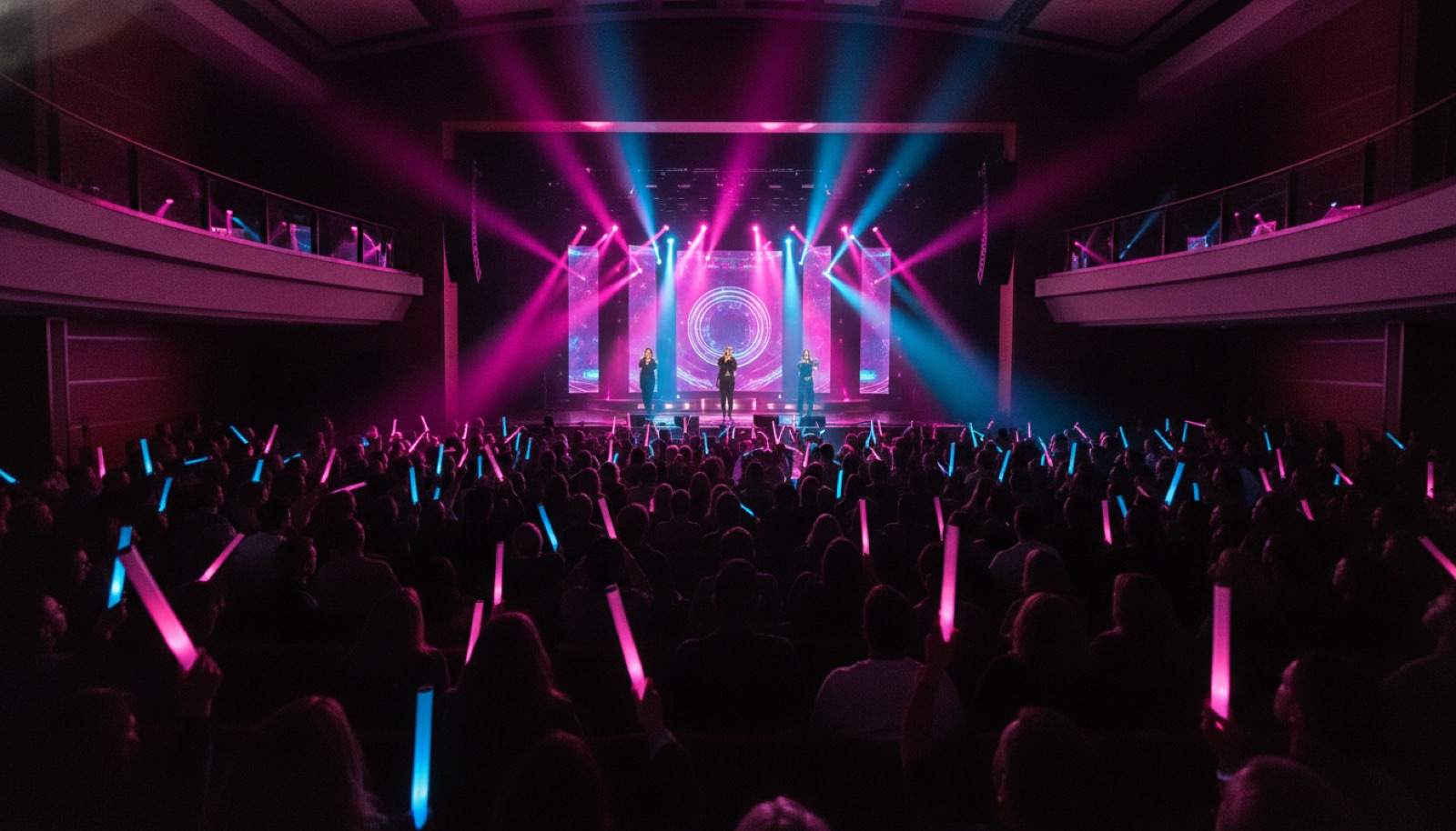 Pop concert performance with vibrant light show in resort showroom, Sonoma County