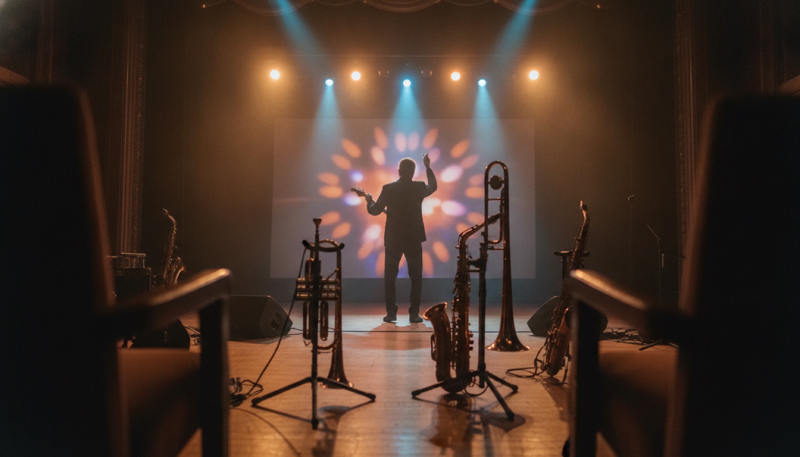 Intimate theater stage with vibrant lights and musical instruments, Sonoma County