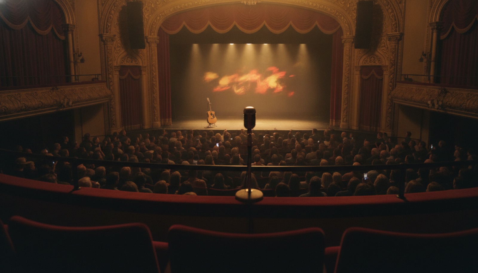 Balcony view of an illuminated theater concert stage, Napa Valley