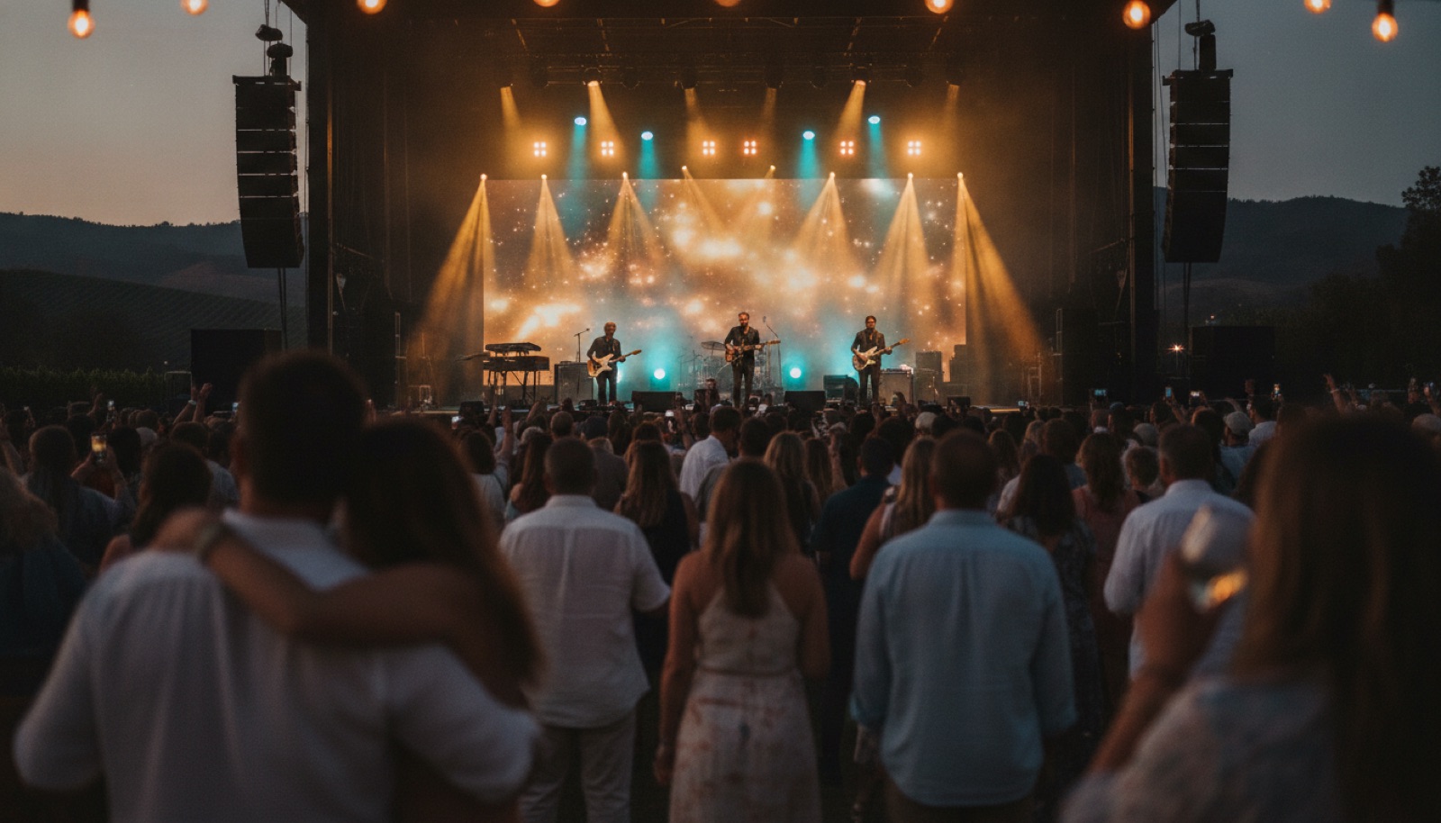 Soft rock concert band performing under vibrant stage lighting, Napa Valley