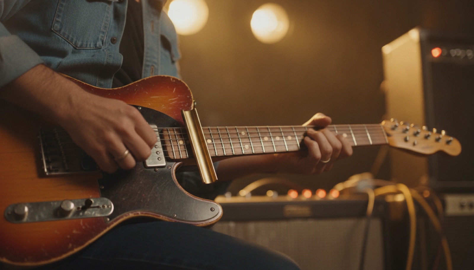 Close-up of vintage slide guitar during a live blues performance, Napa Valley