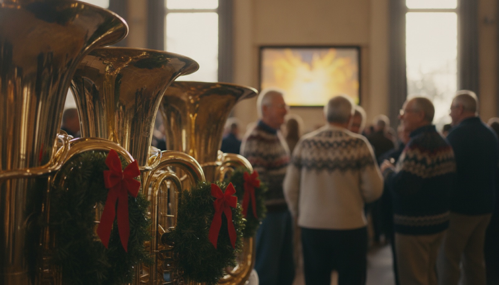 Polished brass tubas decorated with festive holiday wreaths, Napa Valley