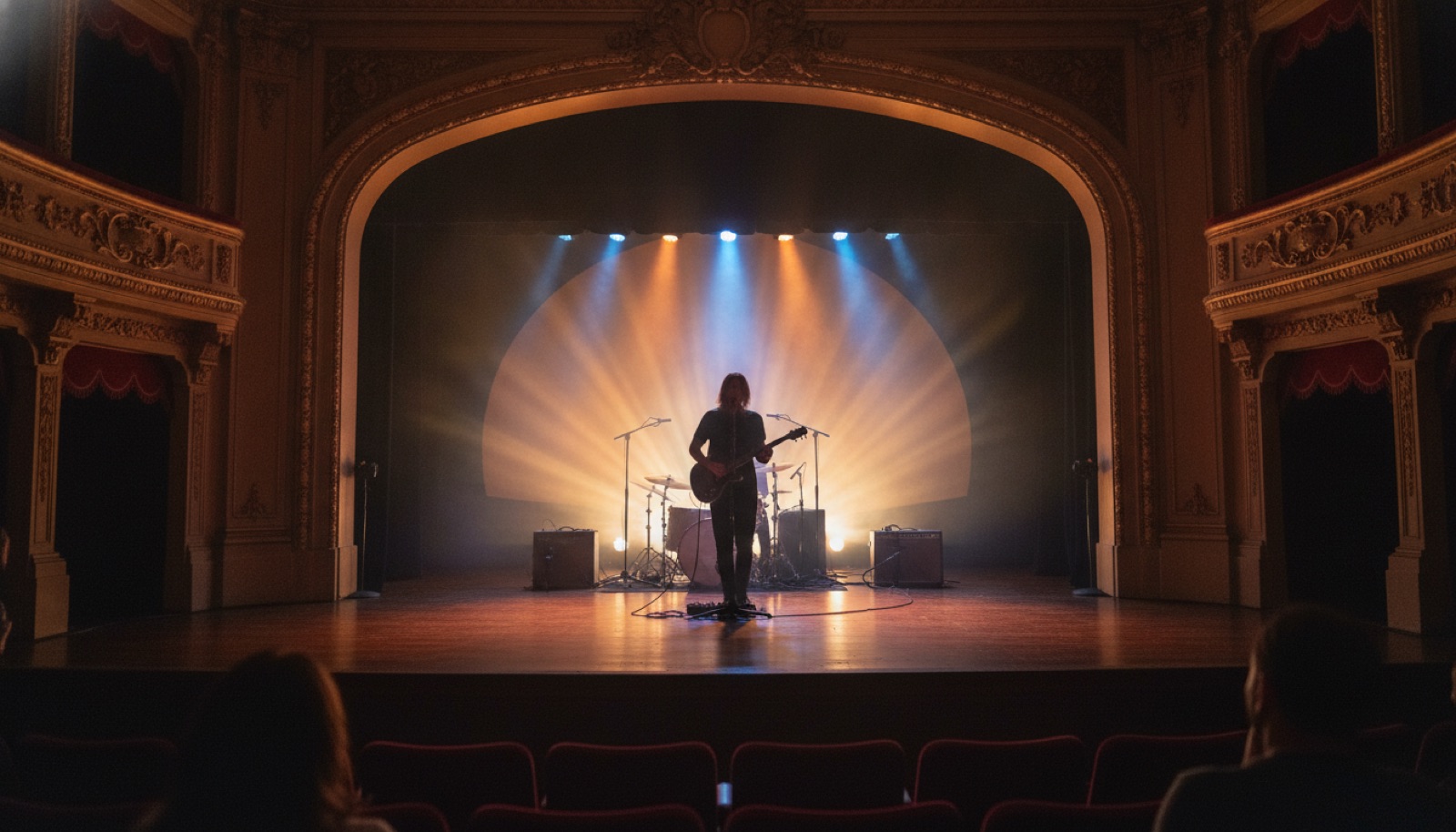 Blues guitarist performing on an illuminated theater stage, Napa Valley