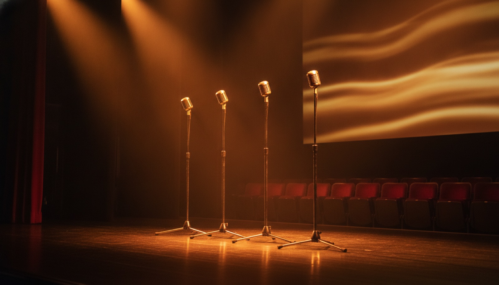 Four vintage microphones lined up on an illuminated theater stage, Napa Valley