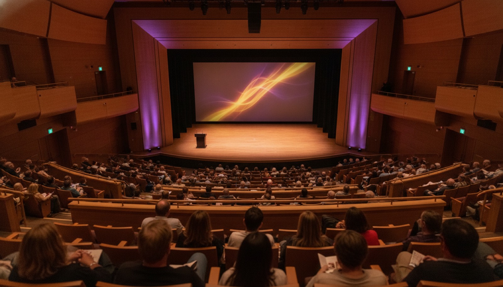 Modern performing arts auditorium stage lit for an evening presentation, Sonoma County