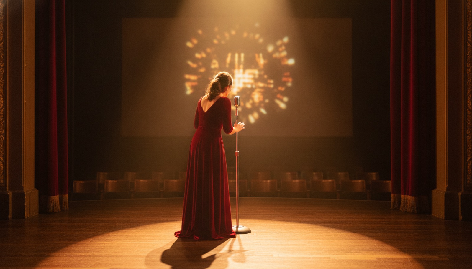 Solo singer performing under golden stage lights in a historic theater, Napa Valley