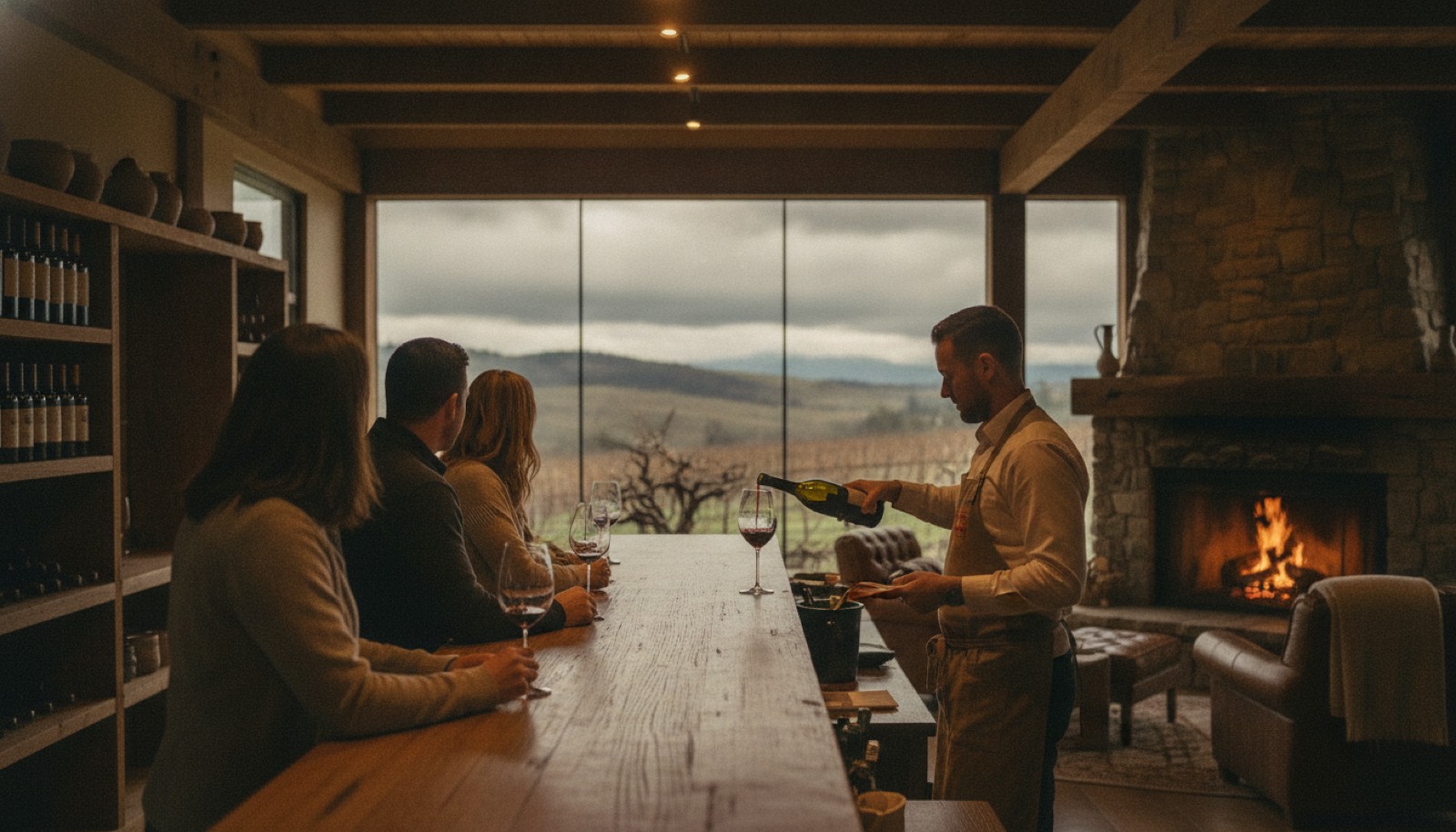 Winter wine tasting inside rustic tasting room, Sonoma County