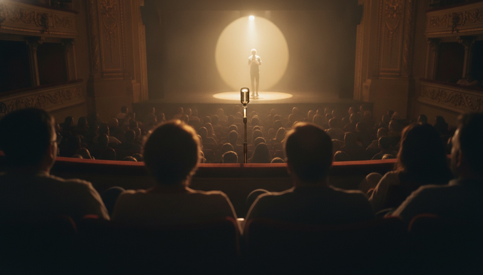 Stand-up comedian performing on a spotlighted theater stage, Napa Valley
