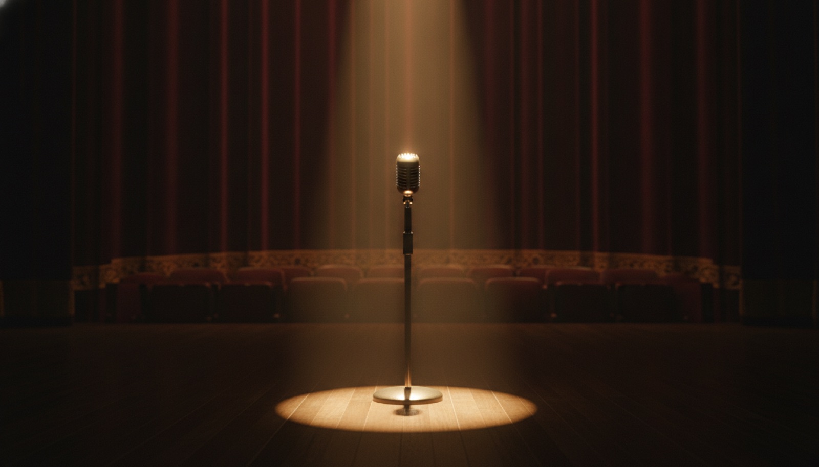 Spotlighted microphone on stage in an art-deco theater, Napa Valley