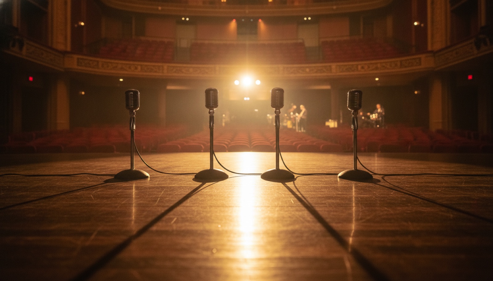 Chrome microphones on stage under golden spotlights, Napa Valley