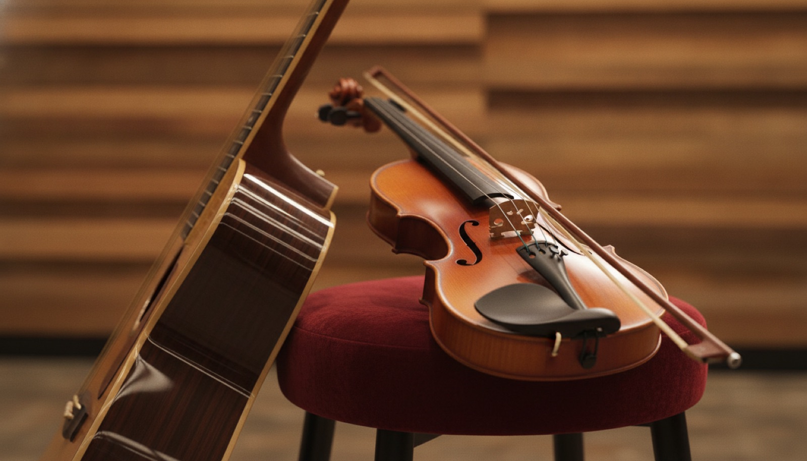 Violin and acoustic guitar resting on stage, Napa Valley