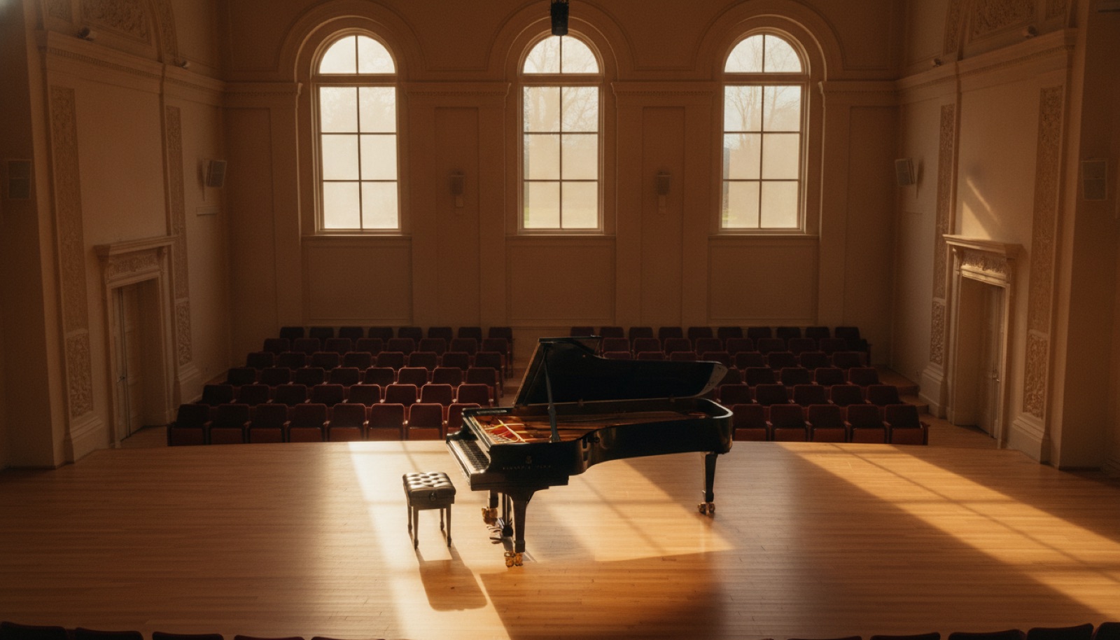 Solo grand piano in a sunlit acoustic recital hall, Sonoma County