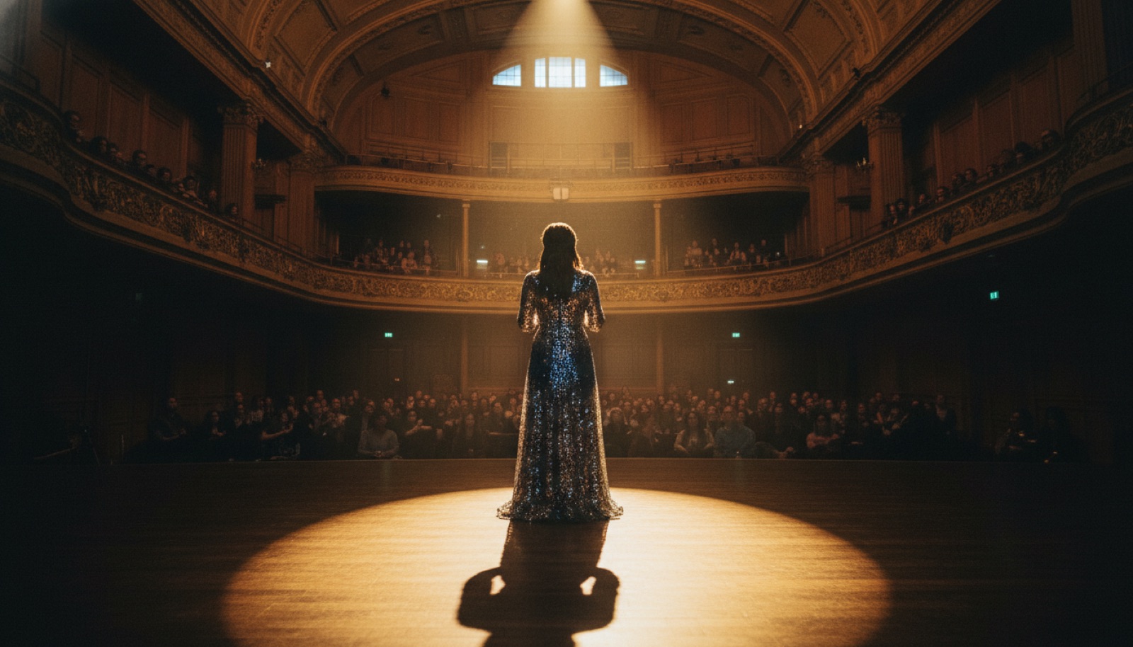 Soul singer performing under spotlight in grand hall, Sonoma County