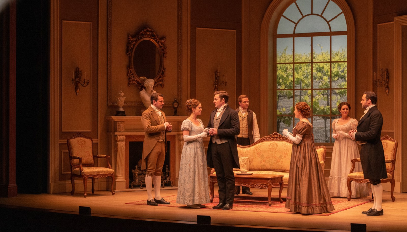 Regency period stage play in a warm theater setting, Napa Valley