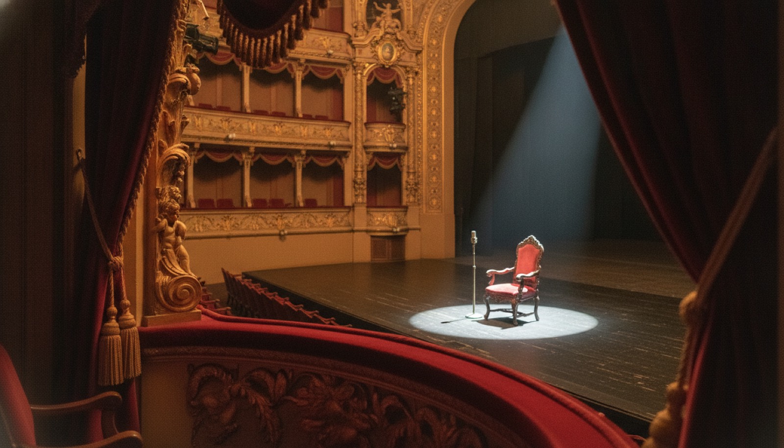 Single spotlight on a comedy stage in a gilded theater, Napa Valley