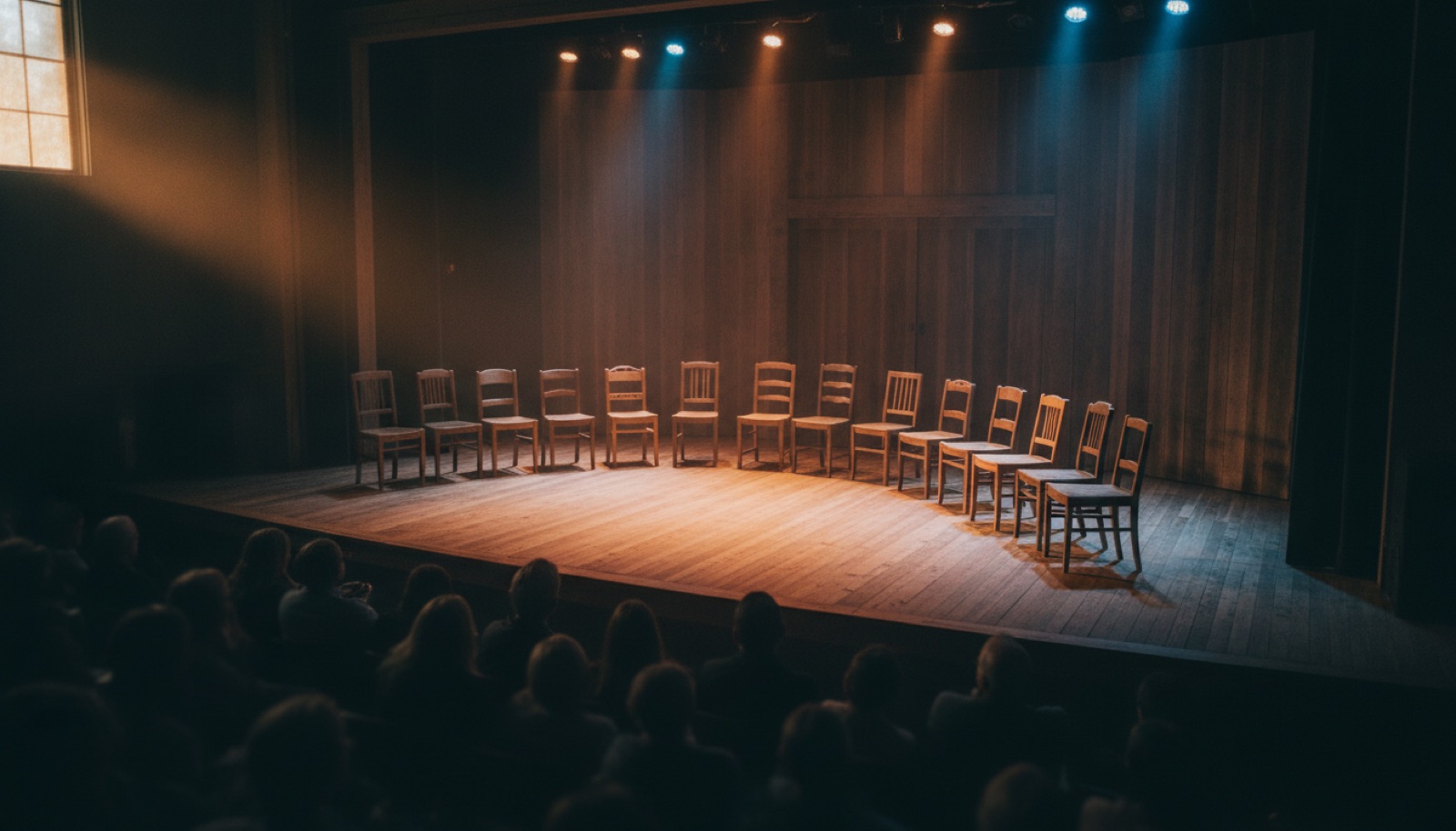 Intimate theatrical stage with dramatic lighting and simple seating set, Napa Valley