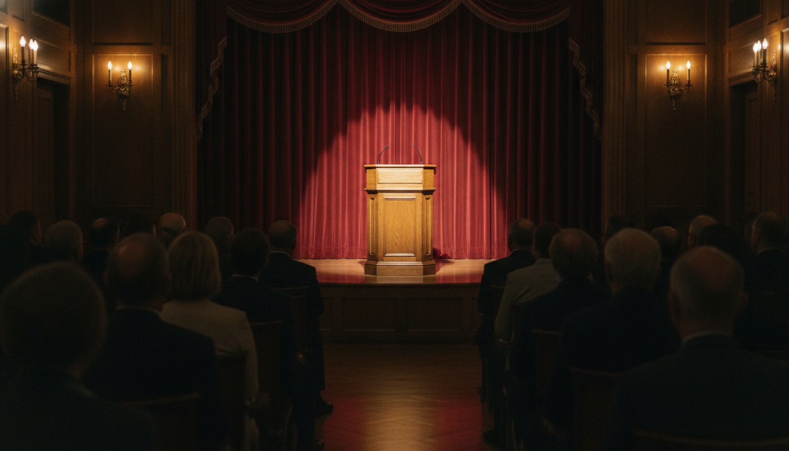 Speaker lectern on a warmly lit stage in an auditorium, Sonoma County