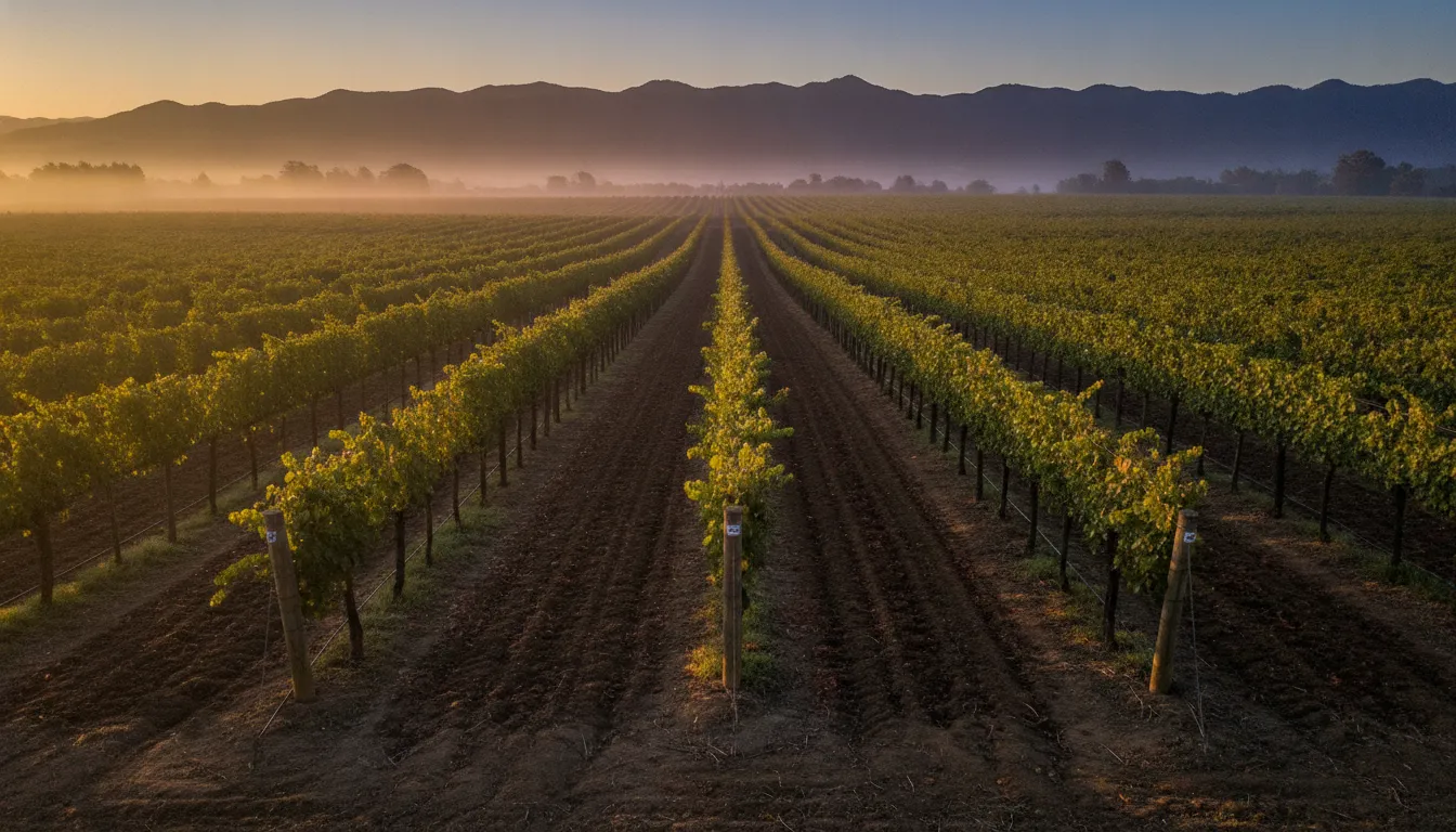 Rutherford vineyard rows at sunrise