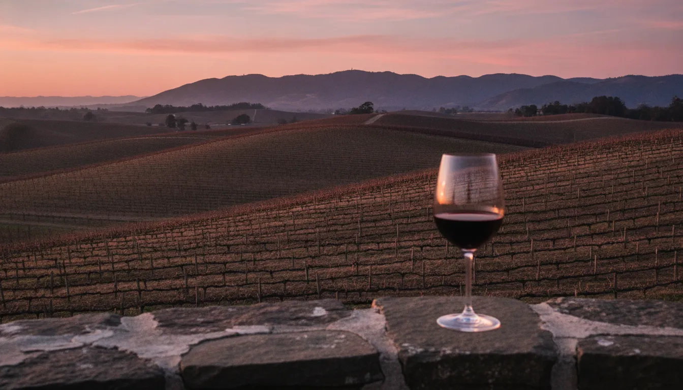 Glass of red wine above a Coombsville vineyard at sunset