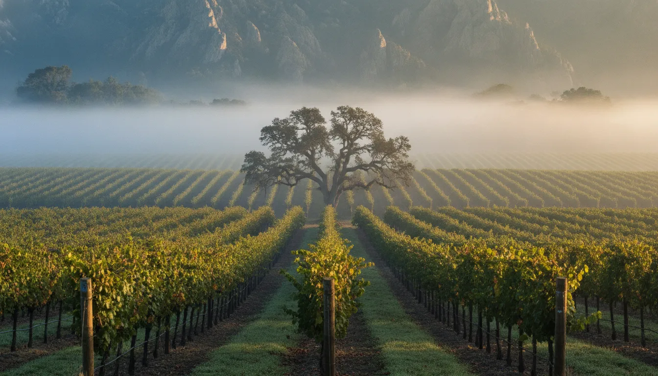 Morning mist over a Calistoga vineyard below the Palisades