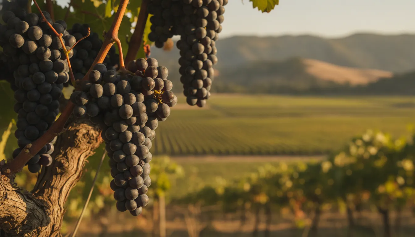 Ripe Cabernet Sauvignon clusters in an Oakville vineyard at harvest