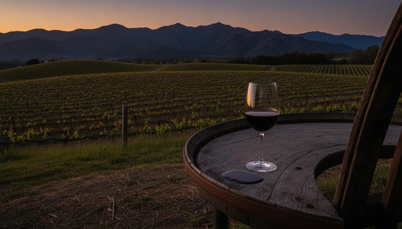 Glass of red wine at twilight over an Oakville vineyard