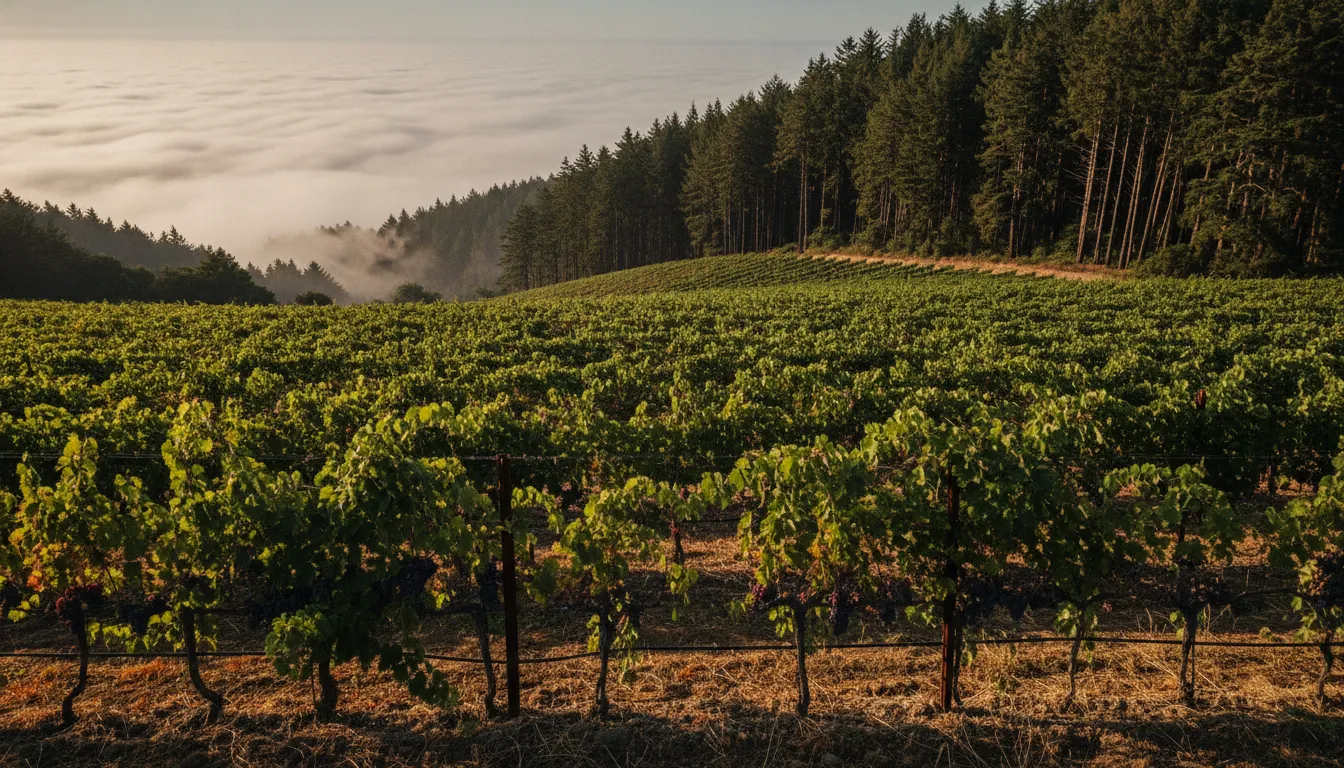 Ridge-top Pinot Noir vineyard above the fog on the Sonoma Coast