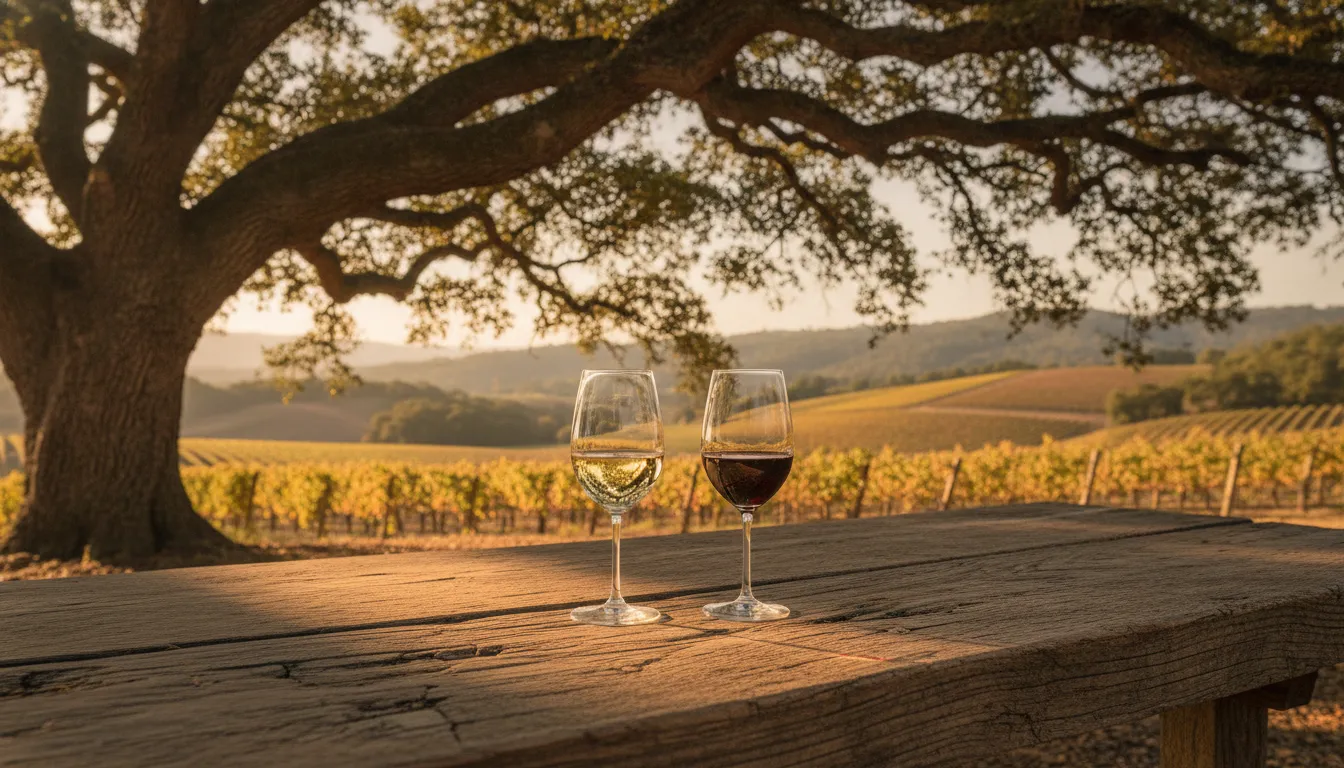 Two glasses of wine under an oak above St. Helena vineyards