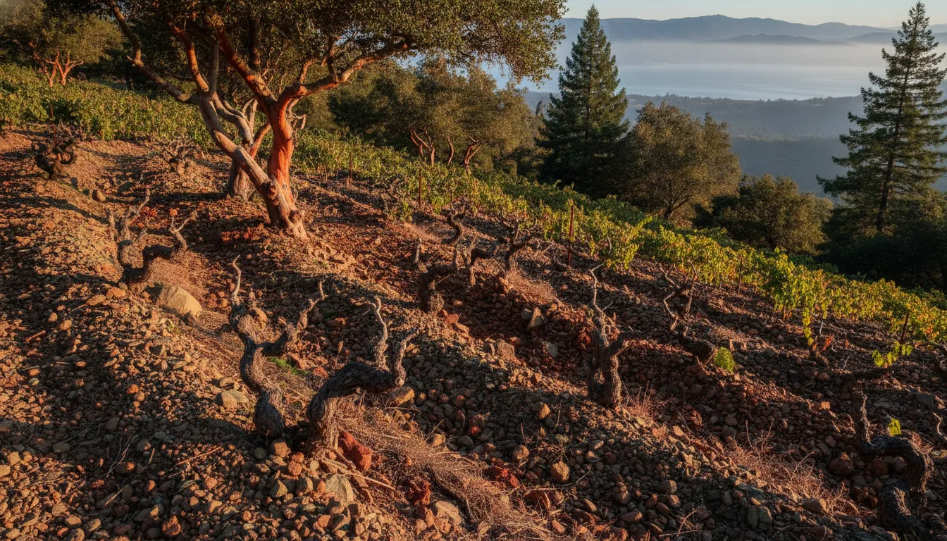 Rugged Mount Veeder vineyard among madrones and firs