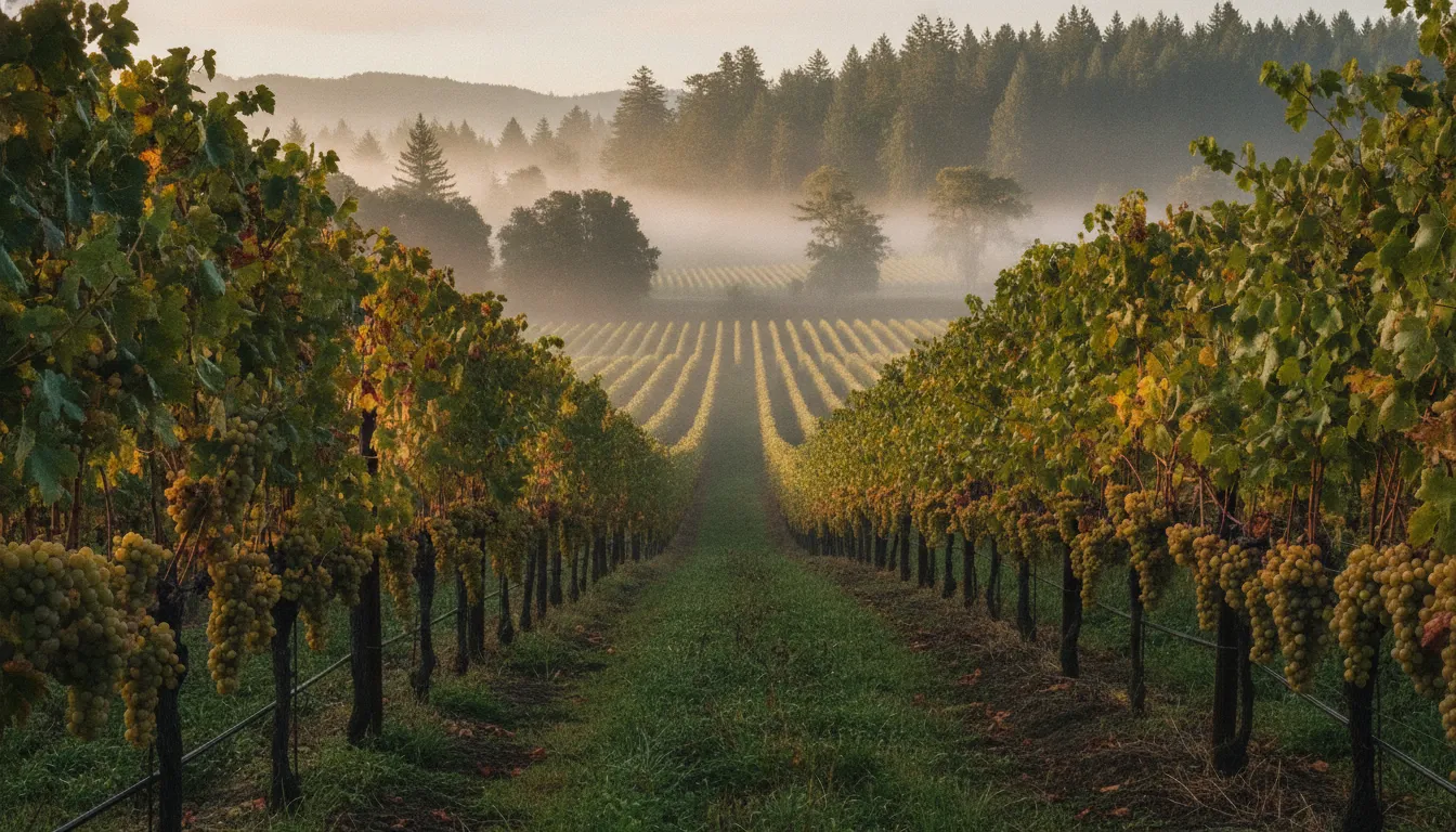 Sonoma Coast vineyard with morning fog in the redwoods