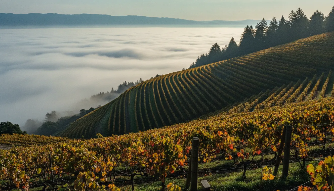 Mountain vineyard above a fog-filled valley