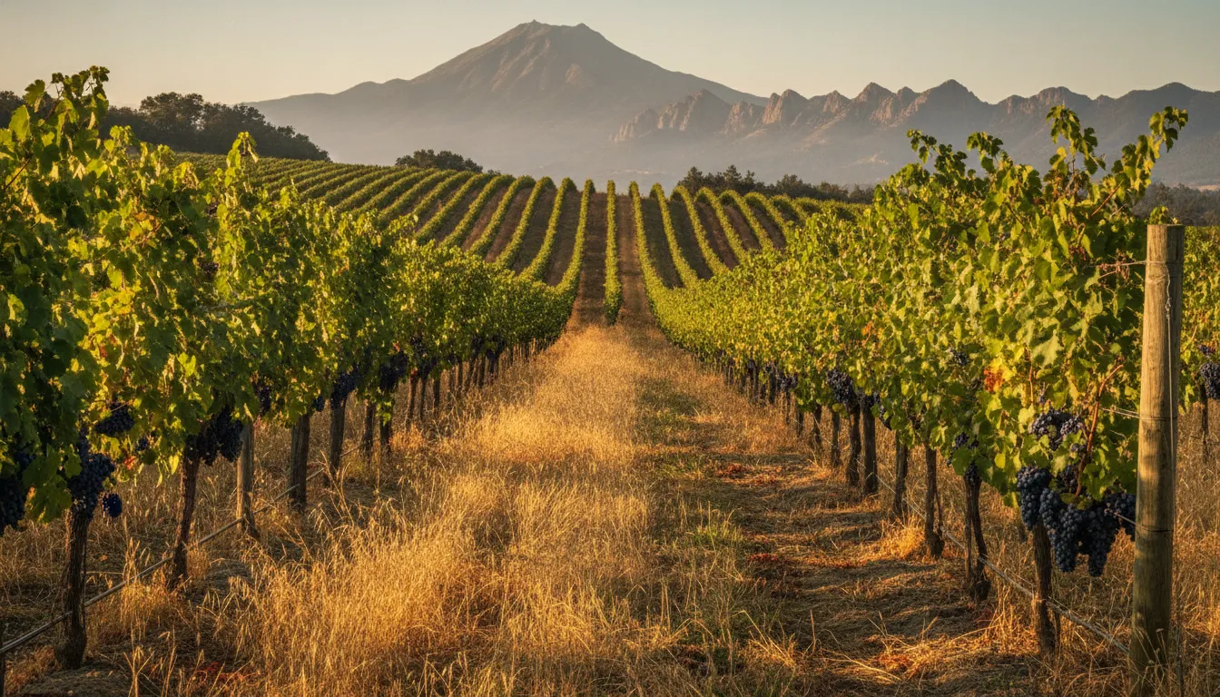 Hillside Cabernet vineyard above Calistoga with Mount St. Helena beyond