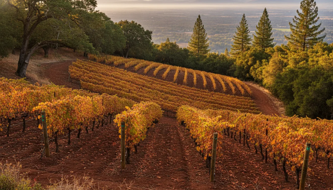 Hillside Cabernet vineyard on Howell Mountain at golden hour