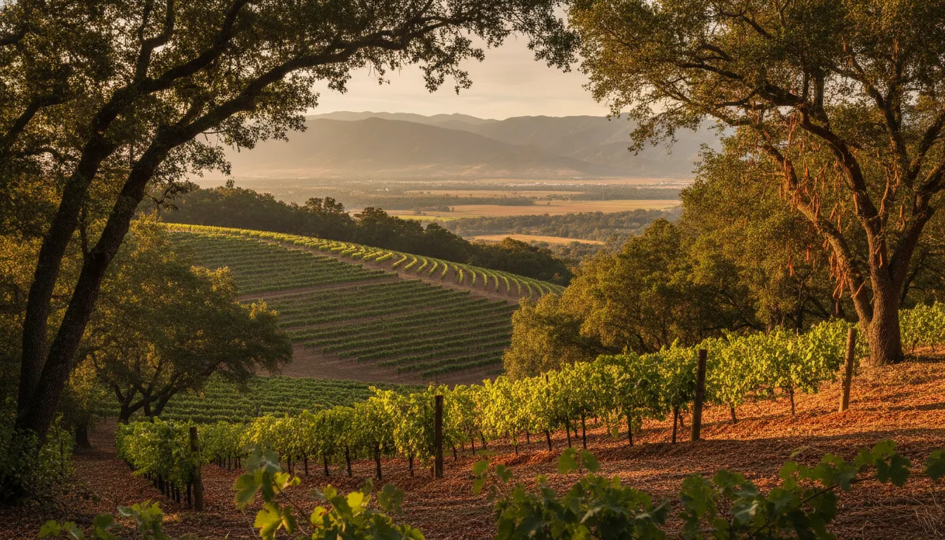 Hillside vineyard in the western hills of Oakville above the valley
