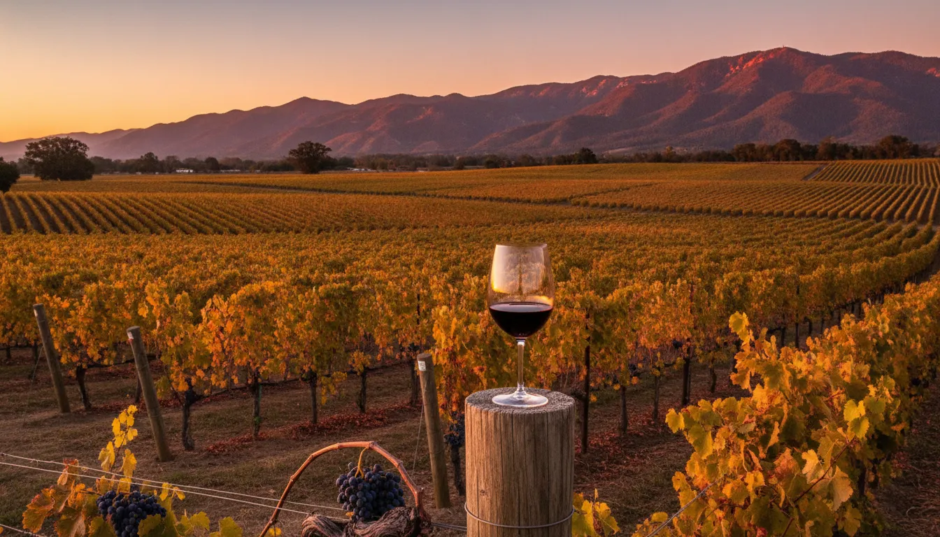 Glass of red wine above an Oakville vineyard at sunset