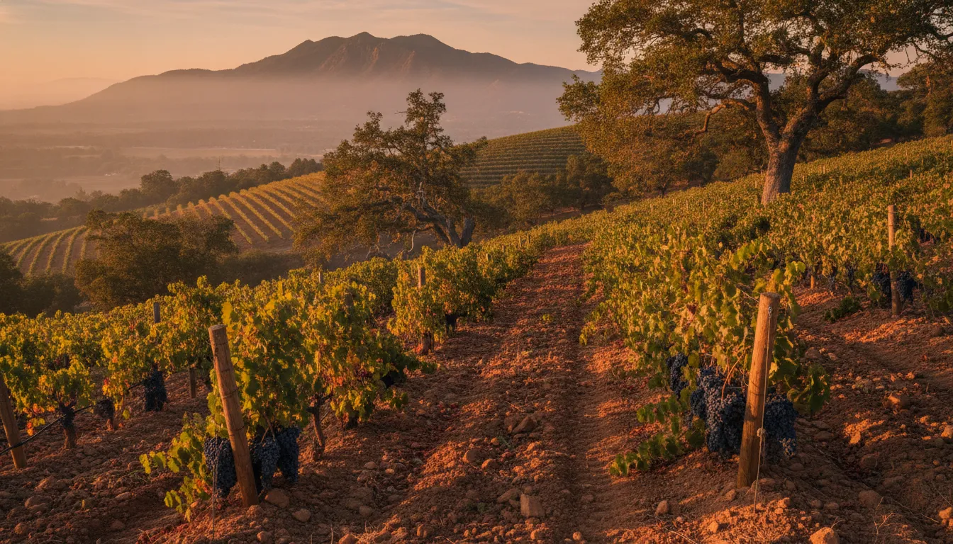 Hillside Cabernet vineyard in the eastern Napa hills at golden hour