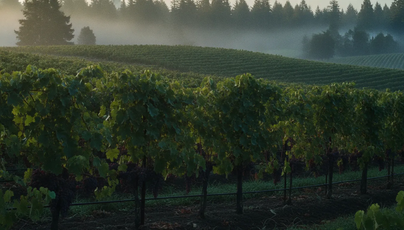 Russian River Valley Pinot Noir vineyard in morning fog