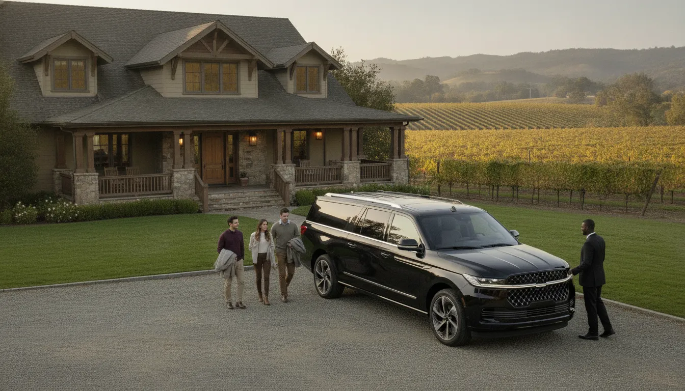 Guests walking to a chauffeured black Navigator at a craftsman vacation home near Santa Rosa