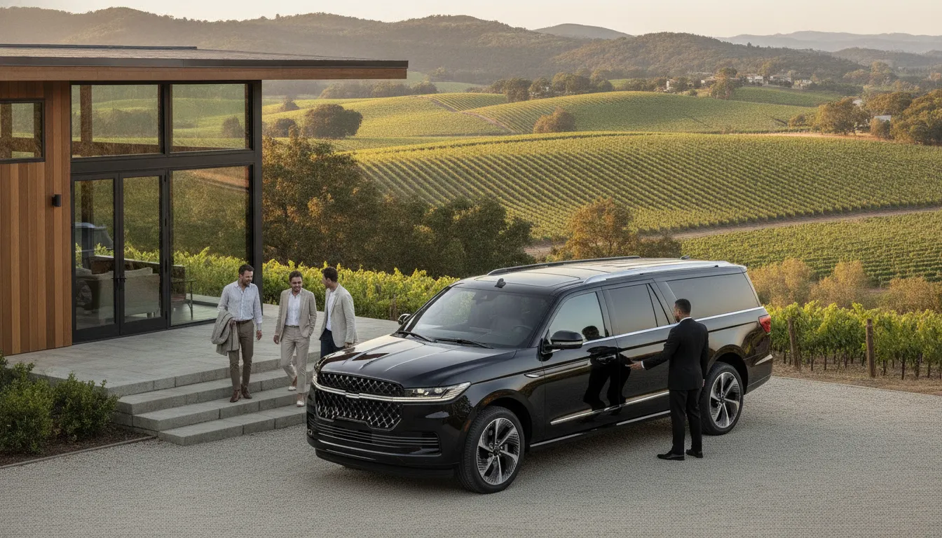 Chauffeur and black Navigator at a modern vacation home above Healdsburg vineyards
