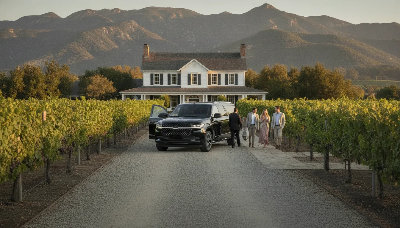 Black Navigator in a vine-lined drive at a farmhouse vacation rental near St. Helena